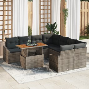 Conjunto de Sofá de Jardim de 9 Peças com Almofadas Cinza Rattan Polié