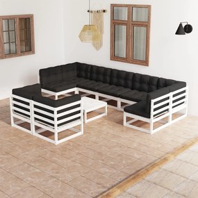 vidaXL 10 pcs conj. lounge de jardim c/ almofadões pinho maciço branco
