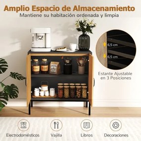 Aparador 80 x 38 x 81 cm com 2 portas em rattan natural, prateleira ajustável em 3 posições, pés metálicos preto.