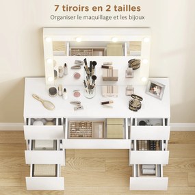 Conjunto de Toucador com Espelho e Banco, 110 x 39,5 x 140 cm, Espelho LED Ajustável, Branco