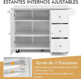 Carrinho de ilha de cozinha com bancada em aço inoxidável Estantes ajustáveis Gavetas 135 x 45,5 x 91,5 cm Branco