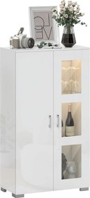 Aparador com LED RGB de 16 cores e comando à distância, acabamento de alto brilho, portas envidraçadas, prateleiras de vidro, 71 x 35 x 126 cm, branco