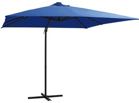 Guarda-sol cantilever luzes LED/poste aço 250x250 cm azul ciano