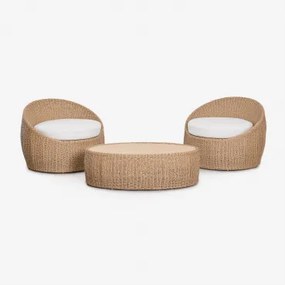 Conjunto De Jardim Com 2 Poltronas E Mesa De Centro Em Madeira De Acácia E Rattan Sintético Clarnyx Natural - Sklum