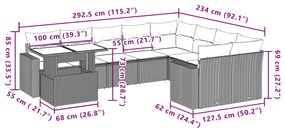 10 pcs conj. sofás jardim com almofadões vime PE cinzento-claro