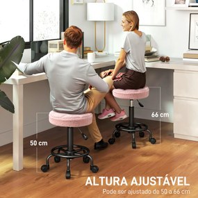 Banco Giratório Cosmetica Redondo Banco com Rodas Altura Regulável 50-66 cm Assento Estofado em Tecido tipo Borreguito Rosa