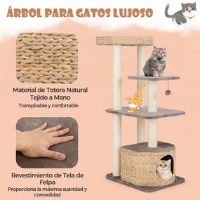 Árvore para gatos 4 camadas 131 CM  com postes de arranhar de sisal Poleiro Caverna, Bola Almofadas suspensas Castanho