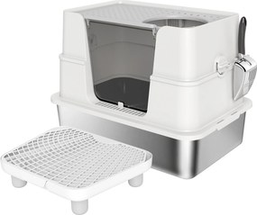 PawHut Caixa de Areia XL em Aço Inoxidável para Gato Grande, Tampa Articulada 100°, Pá, 60,2x40,2x44,5cm, Cinza Claro | Aosom Portugal