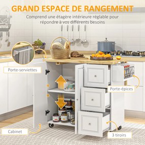 Carrinho de cozinha de apoio para ilha de cozinha com tampo rebatível, 3 gavetas, 1 armário com suporte para panos de cozinha e suporte para especiari