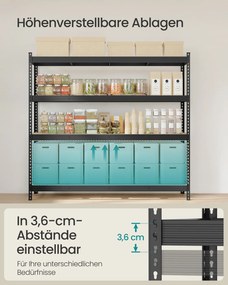 Estante para cargas pesadas 60 x 200 x 183 cm com 4 prateleiras estáveis em MDF com 8 mm de espessura Preta