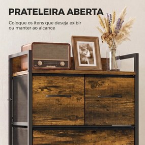 Cómoda com 4 Gavetas em Tecido para Quarto com Prateleira Superior e Estrutura Metálica Castanho Rústico