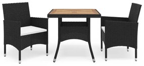3 pcs conjunto jantar p/ jardim vime PE e madeira maciça preto