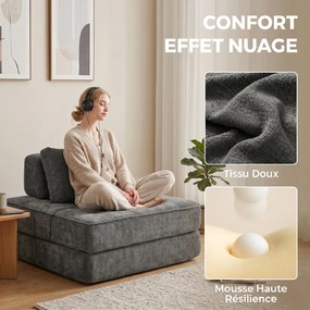 Sofá-cama dobrável 2 em 1, poltrona individual, convertível em chenille, almofada grossa, encosto e almofada de cabeça, cinzento