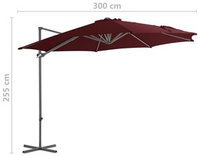 Guarda-sol de jardim cantilever c/ poste de aço 300 cm bordô