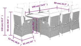 9 pcs conjunto jantar p/ jardim c/ almofadões vime PE castanho