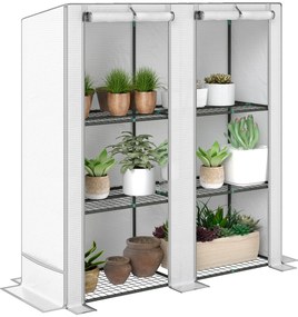 Outsunny Estufa de Exterior com Teto Inclinado Estufa Pequena com 3 Prateleiras 2 Portas de Enrolar Capa de PE e Estrutura de Aço para Cultivos Plantas Flores 144x48x152 cm Branco