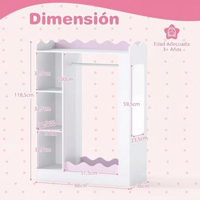 Armário Infantil para Roupa, 88 x 36 x 118,5 cm, Espelhos Interior e Exterior, Rosa