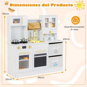 Cozinha Brincar para crianças  em madeira com fogão com luz e som Cafeteira Torneira e utensílios de cozinha Branco