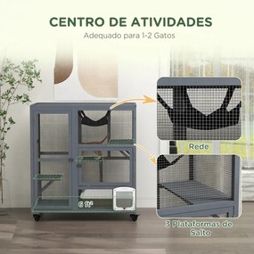 Gaiola Interior para Gatos em Madeira com Rodas Portas Plataformas de Salto Rede e Topo Basculante 110x100x60 cm Cinza