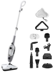 HOMCOM Mopa a Vapor 1300W Limpador a Vapor Multifuncional com Depósito de 450ml e 11 Acessórios Incluídos Aquecimento em 20-30 Segundos 28x21x112cm Cinza e Branco