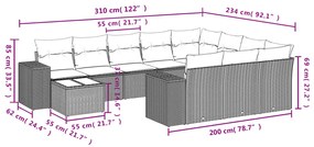 11 pcs conjunto sofás de jardim c/ almofadões vime PE cinzento