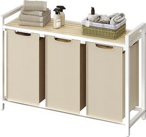 Cesto da roupa suja com 3 compartimentos, cesto com prateleira, 92,5 x 33 x 72 cm Bege