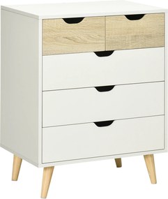 HOMCOM Cómodas Quarto Cómoda Branca 5 Gavetas e Pés Elevados Moderno Anti-Tombo 60x40x77,5cm Madeira | Aosom Portugal