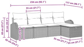 Conjunto de 5 Peças de Sofá de Jardim com Almofadas de Vime Poliéster
