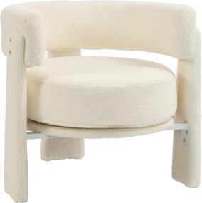 Poltrona em Tecido Bouclé com Almofada Lombar Assento Profundo Acolchoado e Braços Branco-Creme