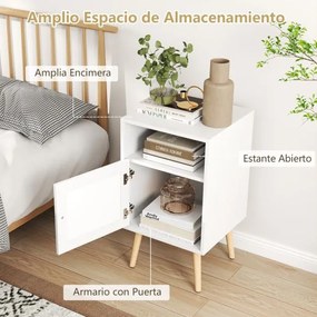 Conjunto 2 Mesas cabeçeira ou mesa Apoio com Estante Aberta e Porta Decorada em Rattan PE para Quarto Sala de Estar 40 x 39 x 70 cm Brancas
