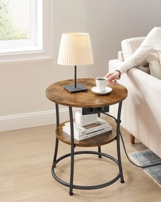 Mesa de apoio 55 cm de 2 níveis com 2 tomadas CA, 2 portas USB-A castanho vintage-Preto