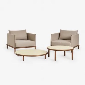 Conjunto De Jardim Com 2 Poltronas E 2 Mesas De Centro Redondas Em Madeira De Acácia Olivia Beige Semoline & Castanho-acácia Escuro - Sklum
