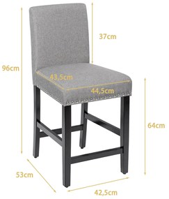 Conjunto de 2 bancos de bar em altura de balcão com pernas de madeira em tecido de linho respirável para cozinha 42,5 x 53 x 96 cm Cinzento