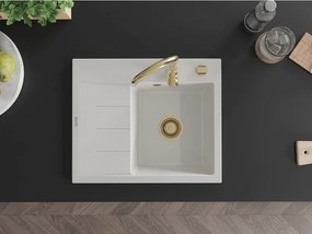 Mexen Ben lava-louça de granito de 1 cuba com escorredor, direito 600 x 500 mm, branco, sifão dourado - 6523605000-20-G