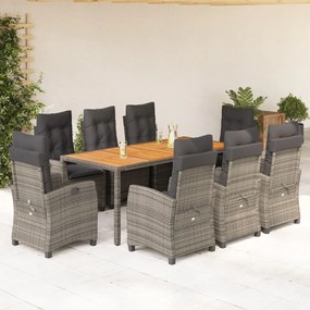vidaXL 9 pcs conjunto de jantar p/ jardim c/ almofadões vime PE cinza
