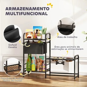 Comedouro Elevado para Cães com Gaveta em Tecido 2 Taças de Aço Inoxidável 2x800 ml 89,5x27x74 cm Altura Ajustável 2 Prateleiras Preto