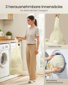 Cesto da roupa suja 160L, 64 x 33 x 75 cm  com três compartimentos, tampa e saco interior lavável creme