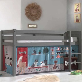 Cama alta de Criança PINO 90 x 200 cm + estrado + escada + cortina Animais Cinzenta