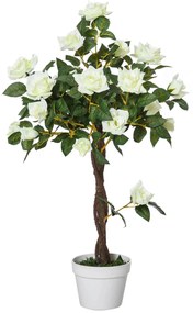 Outsunny Planta artificial de 90 cm Rosa branca realista com 21 flores e 350 folhas Pote de cimento incluído para interior e exterior