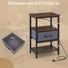 Conjunto de 2 mesas de cabeceira com estação de carregamento 40 x 30 x 61 cm, gaveta e estantes, Estrutura metálica moderna, cinzento escuro, Castanho