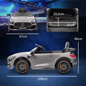 Carro Elétrico para Crianças Carro Mercedes-Benz AMG GTR com Bateria 12V Faróis  Buzina e Música 108x67x46 cm Prata