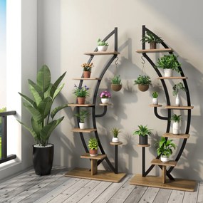 2 estantes metálicas para plantas Suporte curvo de 7 níveis em formato meio-dia com gancho para suporte de flores 60 x 30 x 155 cm Castanho