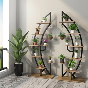 Conjunto de 2 Estantes Metálicas para Plantas 7 Níveis em Forma de Crescente Curvo com Gancho para Varanda 60x30x155 cm Natural