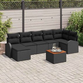 vidaXL Conjunto de Sofá de Jardim 8 Peças com Almofadas Pretas em Poly Rattan e Acácia