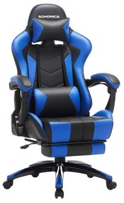 Cadeira Gamer SONGMICS, Cadeira Ergonômica de Escritório, Cadeira de Mesa, Apoio para os Pés Extensível, Ângulo de Inclinação de 90° a 135°, Carga Máxima de 150 kg, Preta/Azul RCG026B01