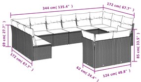 12 pcs conjunto de sofás de jardim c/ almofadões vime PE preto