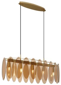 Candeeiro suspenso Art Deco dourado com vidro âmbar oval 5 luzes - Mochan Art Deco