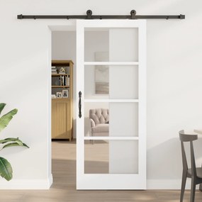 vidaXL Porta Deslizante com Conjunto de Ferragens 'ORKDAL'Madeira Sólida Branca e Vidro