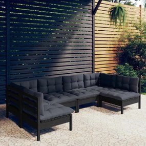 6 pcs conjunto lounge jardim c/ almofadões pinho maciço preto