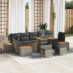 Conjunto de Sofá de Jardim vidaXL 10 Peças com Almofadas Cinza Rattan Poliéster Acácia